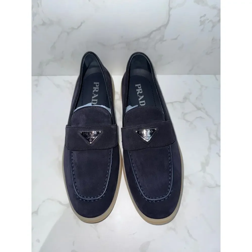 Prada Triangle Logo Suede Loafers Navy Blue 37.5